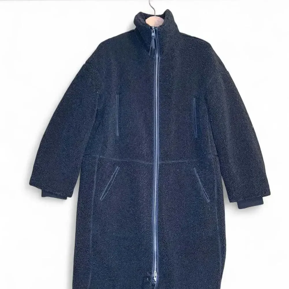 H&M Faux Fleece Teddy Long Coat Charcoal Grey